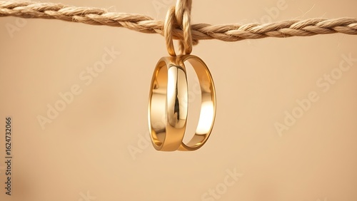 Golden wedding rings suspended on jute rope, elegant close-up with soft lighting enhancing their shine.
