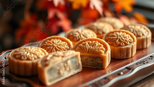 Traditional mooncakes on lacquered tray, floral patterns and gold accents, with autumn foliage backdrop.