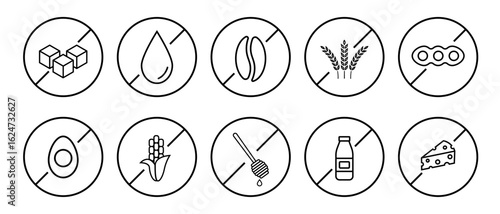 Food icons with editable stroke. Gluten free, sugar, milk, eggs, soybean. Natural products icons set. Organic. Eco-products.