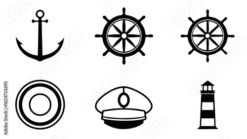 Nautical icons set anchor ship wheel captain hat lighthouse