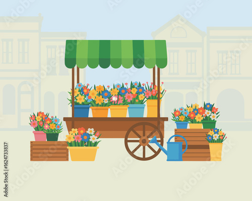 Charming flower cart displaying colorful blooms in a town setting