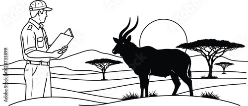 Vector art of a conservationist is observing an antelope in its natural habitat in africa he is studying the wildlife and documenting his findings