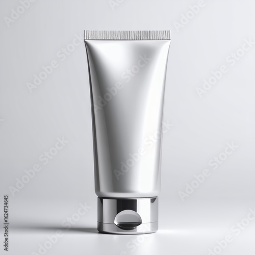 Sleek silver cosmetic tube, elegant packaging for skincare product, modern design on white background