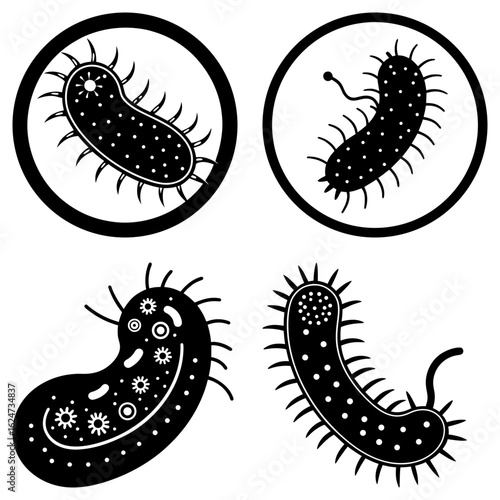 Illustration of various bacteria cells with flagella and circular containment in black and white style