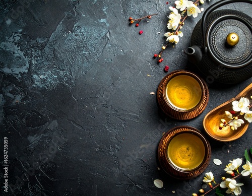 Luxury Tea Ceremony Setup with Matte Black Teaware and Golden Details on Moody Surface