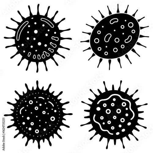 Illustration of four different black and white virus or bacteria cells with spiky projections and internal spots