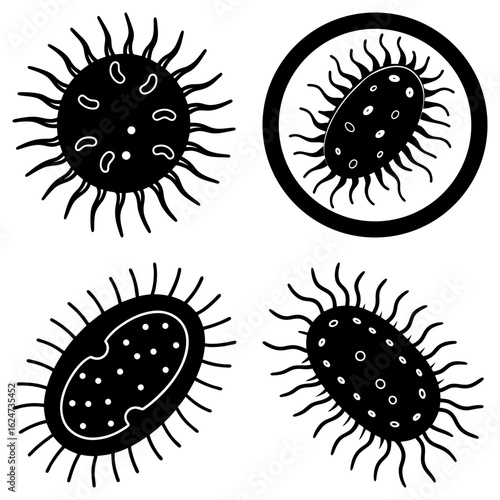 Illustration of four black and white stylized virus cells with spiky projections and internal structures