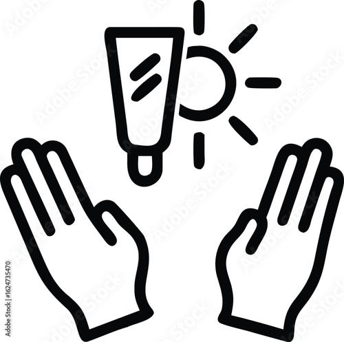 Sunscreen Ritual: Graphic illustration of hands shielding, sunscreen tube, and sun, emphasizing skincare