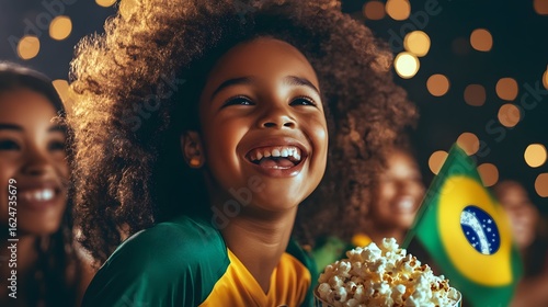 Joyful Child Watching Soccer Match with Brazilian Flag and Popcorn Under Festive Lights perfect for sports campaigns, family entertainment ads, national celebration visuals and youth-targeted branding
