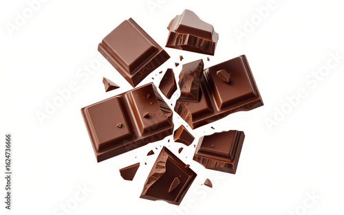 Rich dark chocolate pieces scattered broken chocolate