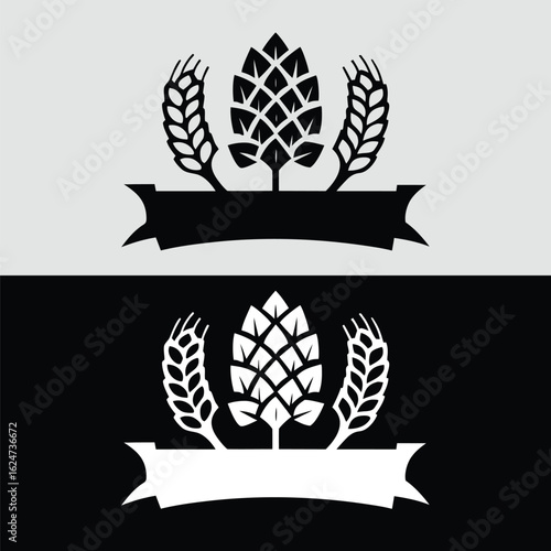 Elegant black and white vector logo featuring hop and wheat elements, perfect for brewery, beer, or agriculturerelated businesses, conveying a sense of tradition and quality