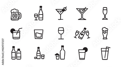 Collection of minimalist black line art icons depicting various alcoholic beverages and bar items drink