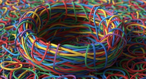 Wallpaper Mural A vibrant, colorful spiral of rubber bands creating a textured circle on a chaotic background of scattered bands. Torontodigital.ca