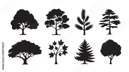 Eight Black Tree Silhouettes Various Species on White Background nature forest