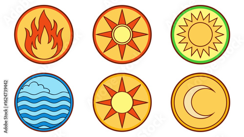 Set of six circular emblems representing elements and celestial bodies