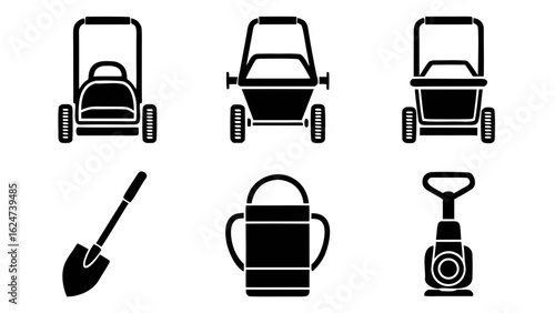 Collection of black silhouettes of gardening tools and equipment