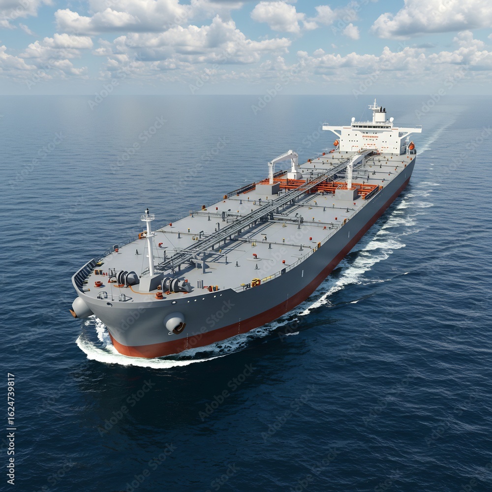 Fototapeta premium Large Oil Tanker Sailing Across the Ocean Under a Cloudy Sky, High Angle View