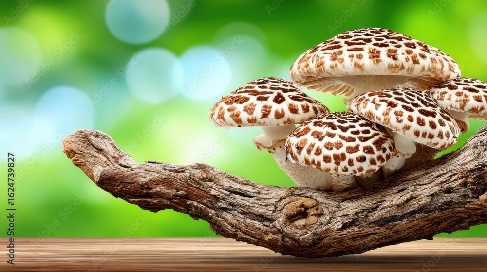 Obraz premium Mushrooms growing on a tree branch in a natural forest setting with blurred green background