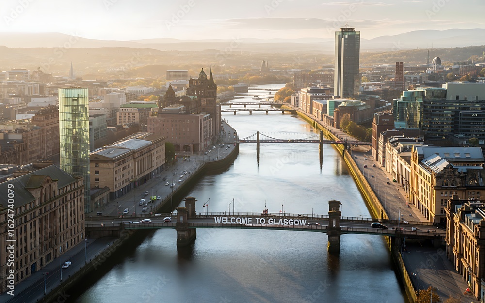 Fototapeta premium Glasgow Scotland Cityscape with River Clyde and Bridges Featuring Welcome to Glasgow Sign image photo