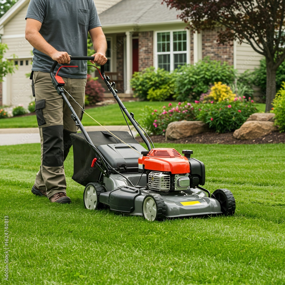 Man Mowing Lawn in Front Yard of House on Sunny Day Man Mowing Lawn in Front Yard of House on Sunny Day