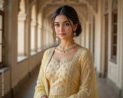 Elegant portrait of a beautiful South Indian woman in traditional yellow attire standing in a majestic arched corridor.