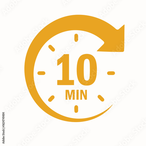 Ten minutes countdown icon with circular arrow, time limit and duration concept in yellow color tone