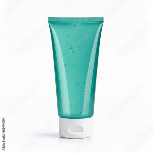Translucent tube filled with teal gel for cosmetic uses studio shot on white background
