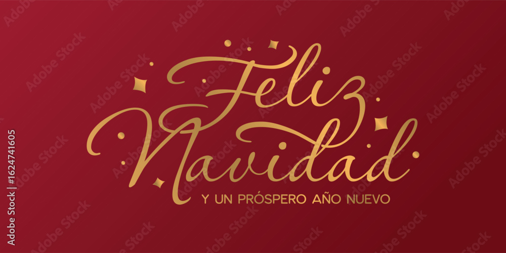 Feliz Navidad spanish Merry Christmas lettering golden greeting text on red background. Retro calligraphy poster for season greetings. Vector illustration.