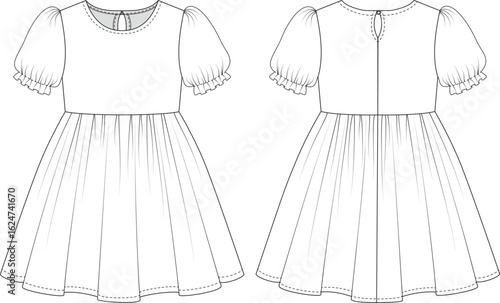 Editable flat sketch of a girl’s puff-sleeve dress with gathered skirt, ruffled sleeve hem, back keyhole, and front and back views. Perfect for kidswear fashion design and tech packs, manufacturing.
