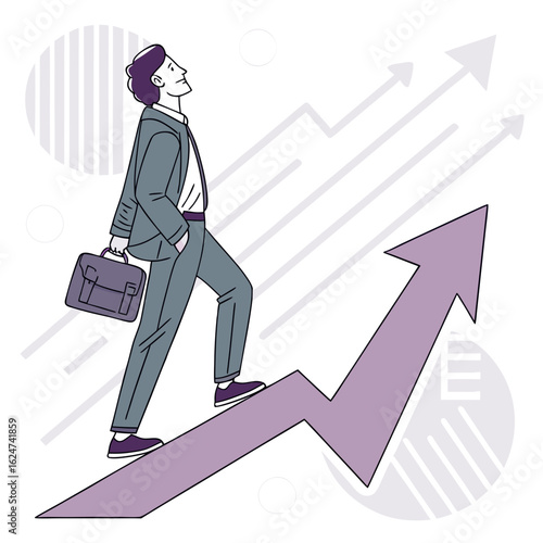 Businessman confidently climbing upward on a purple arrow representing financial growth and career advancement