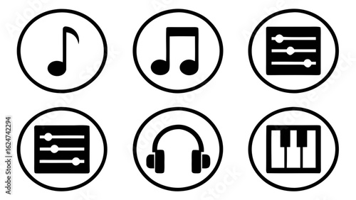 Collection of music icons including notes equalizer headphones and piano keyboard