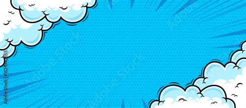 Comic landscape background in blue color with cloud illustration art