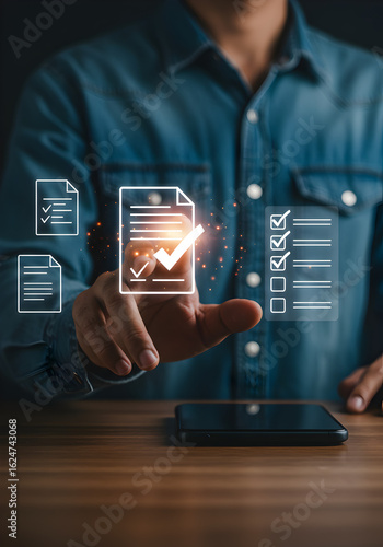 Man managing digital documents and checklists online.