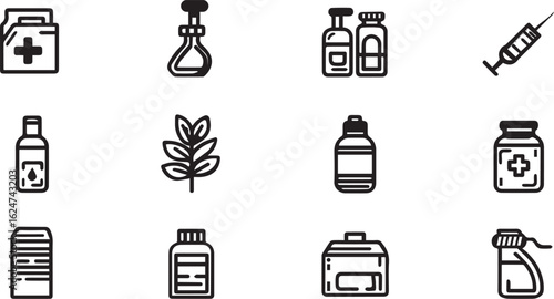 A set of medical and health care icons in vector format. The icons are isolated on a white background. The set includes a variety of different medical and health care.