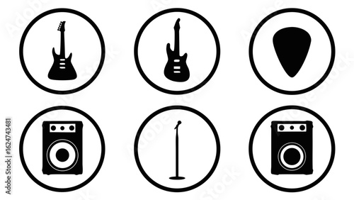 Set of musical instrument icons electric guitar amplifier microphone and pick