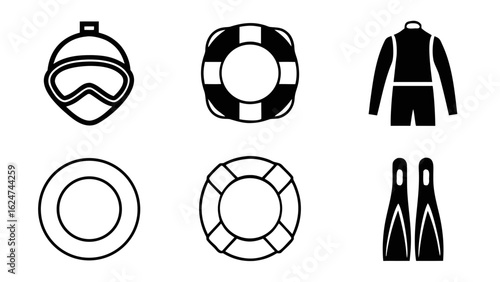 Collection of water sports and safety equipment icons