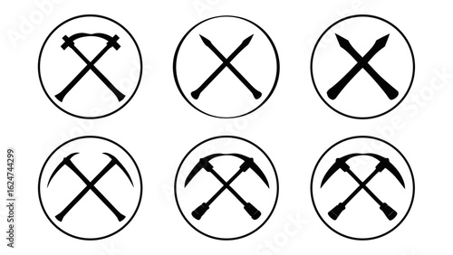 Collection of crossed tools icons in circles