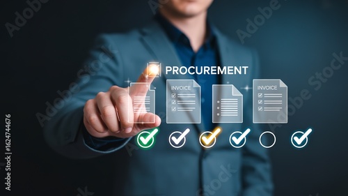 Illustration of procurement process management with checklist and approval icons on a digital interface