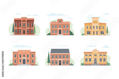 Collection of six distinct architectural building illustrations