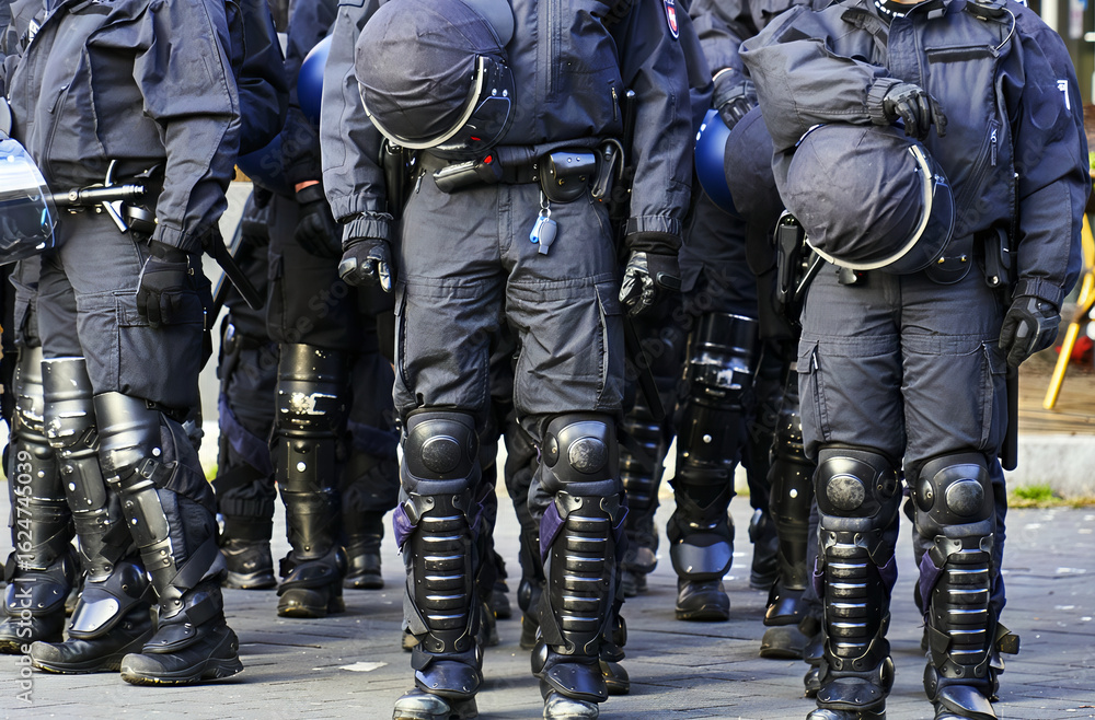Fototapeta premium Riot police officers in protective gear standing shoulder to shoulder, prepared for potential crowd control deployment