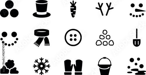 Winter Snowman Icon Set:  Simple, Bold, Black Glyphs