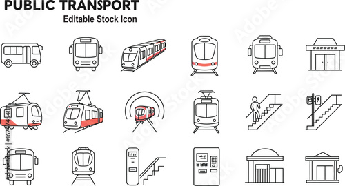 Public Transport Icons Featuring Trains Buses and Stations transportation subway