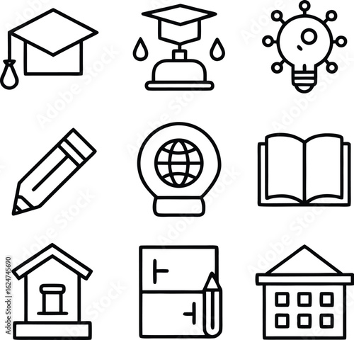 Bold Line Art Icons: Education, Global, Ideas, and Learning Concepts