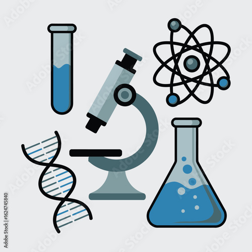 Science icons featuring microscope dna atom and flasks