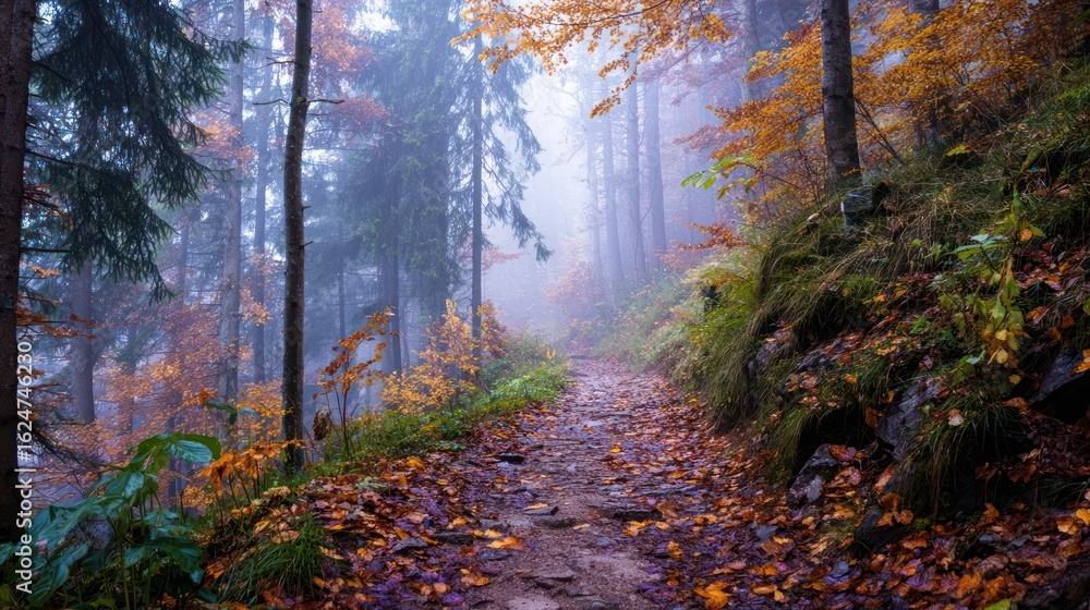 Fototapeta premium Lonely Path in a Foggy Fall Forest Covered with Fallen Leaves