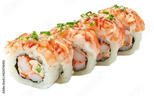Delicious spicy tuna roll sushi with creamy topping isolated on transparent background