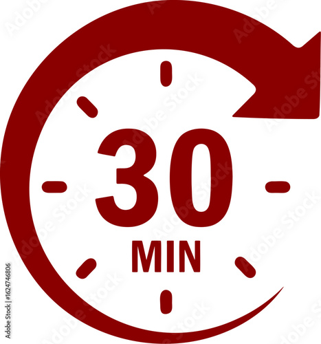 Thirty minutes countdown with arrow rotation in red, indicating a short time interval completion