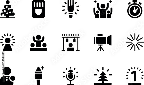 Bold Black Icon Set:  Celebration, Ideas, Time, and Success Symbols