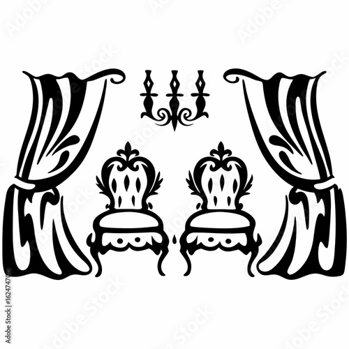 Elegant interior design featuring chairs, curtains, and chandelier for luxury home decor and design ideas vector illustration