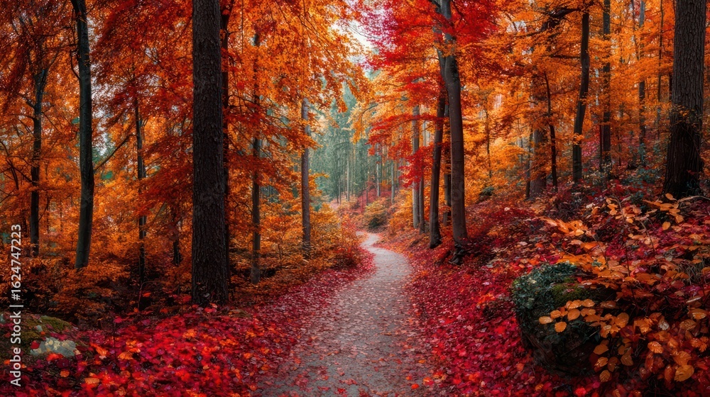 Obraz premium Pathway Through a Vibrant Fall Forest with Red and Orange Leaves
